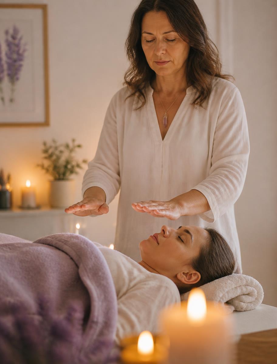 Reiki practitioner holding her hands gently above a resting client in a warm candlelit room